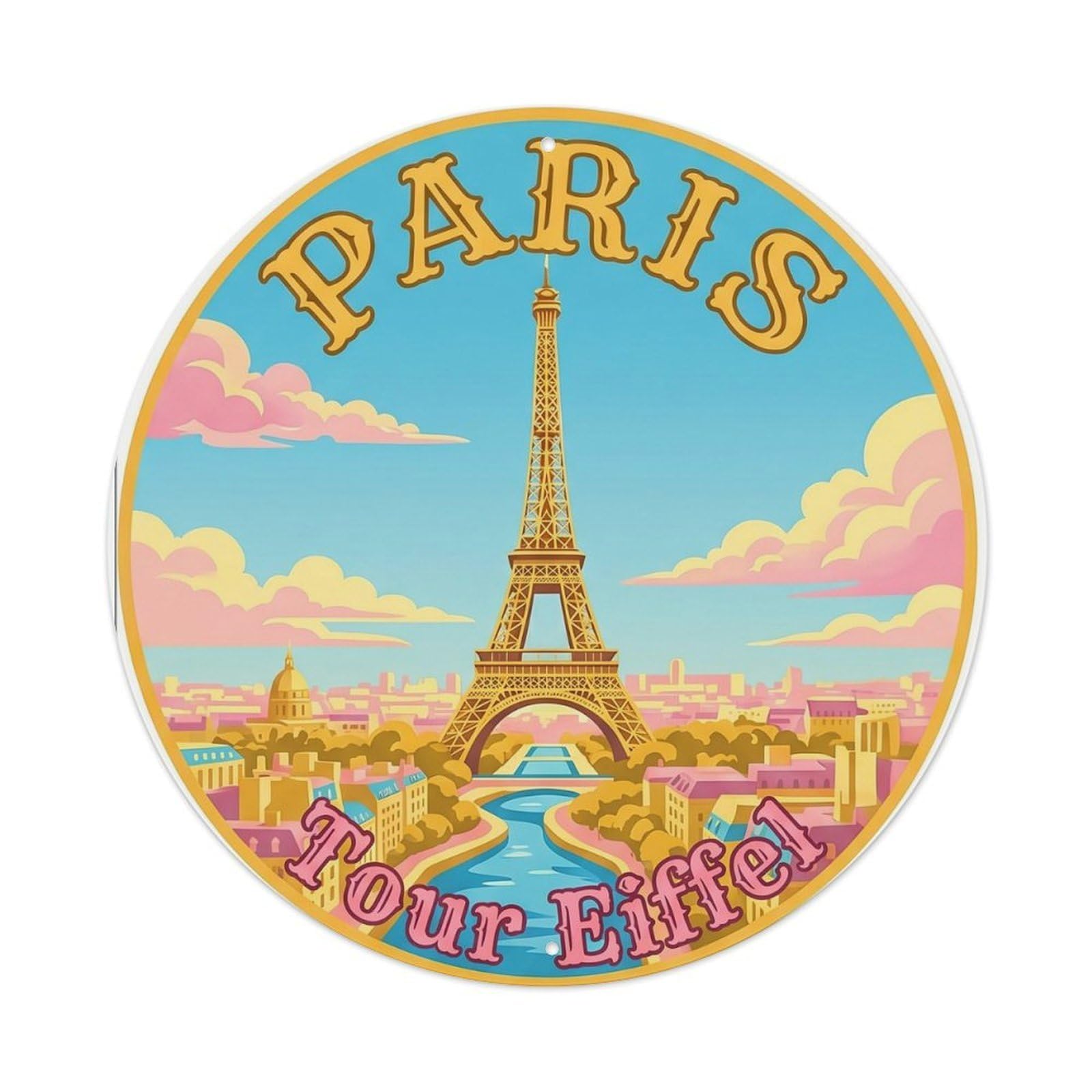 Vintage Travel Parisian Eiffel Tower Metal Tin Sign Plaque Wall Decor for Cafe, Club Bar, Office, Home Garden Round Metal Poster 8x8Inch