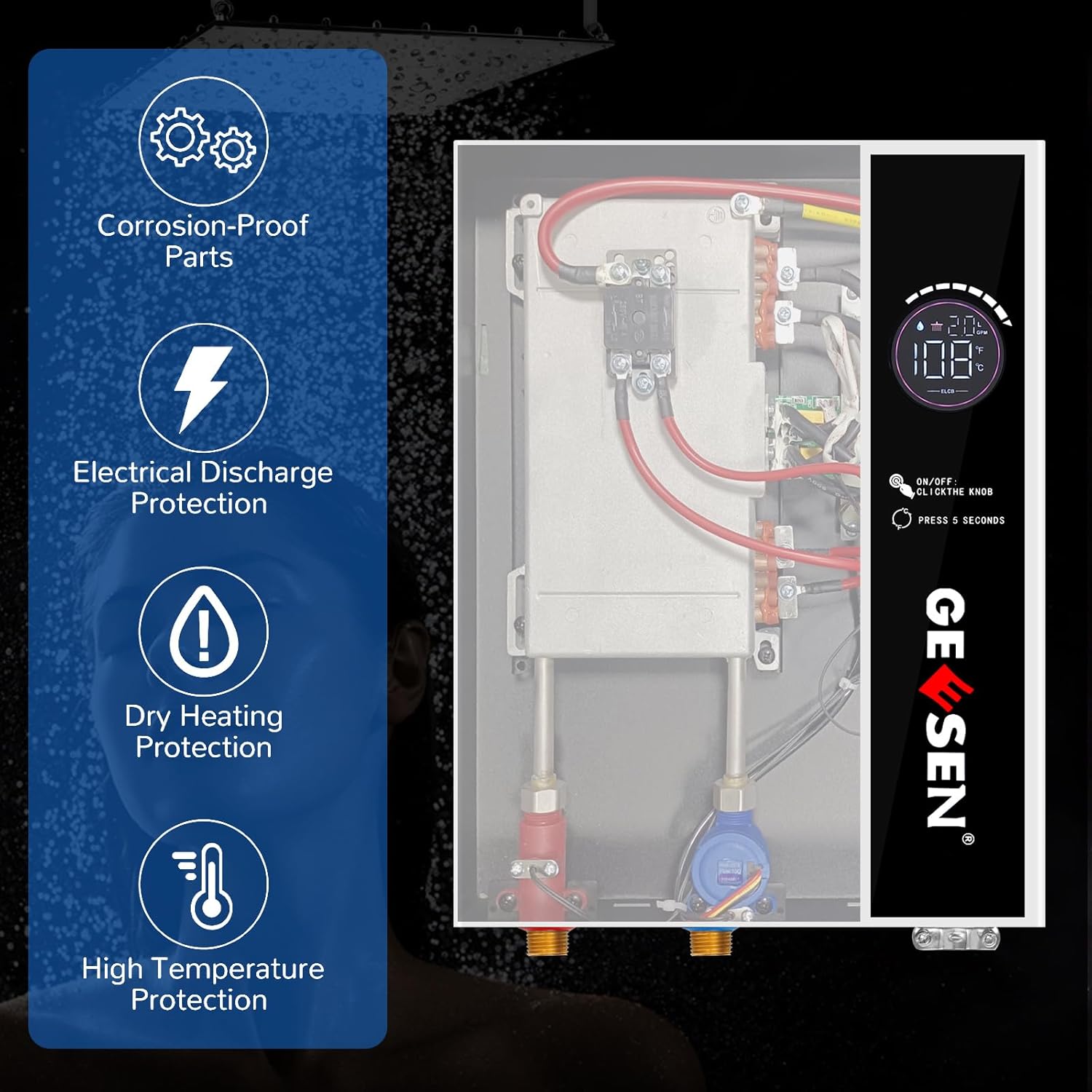 Installation instructions table showing heating power, wire requirements, and breaker requirements for a 14kW unit, along with a schematic of included accessories like a two-pole breaker, wires, pipes, expansion tubes, and screws.