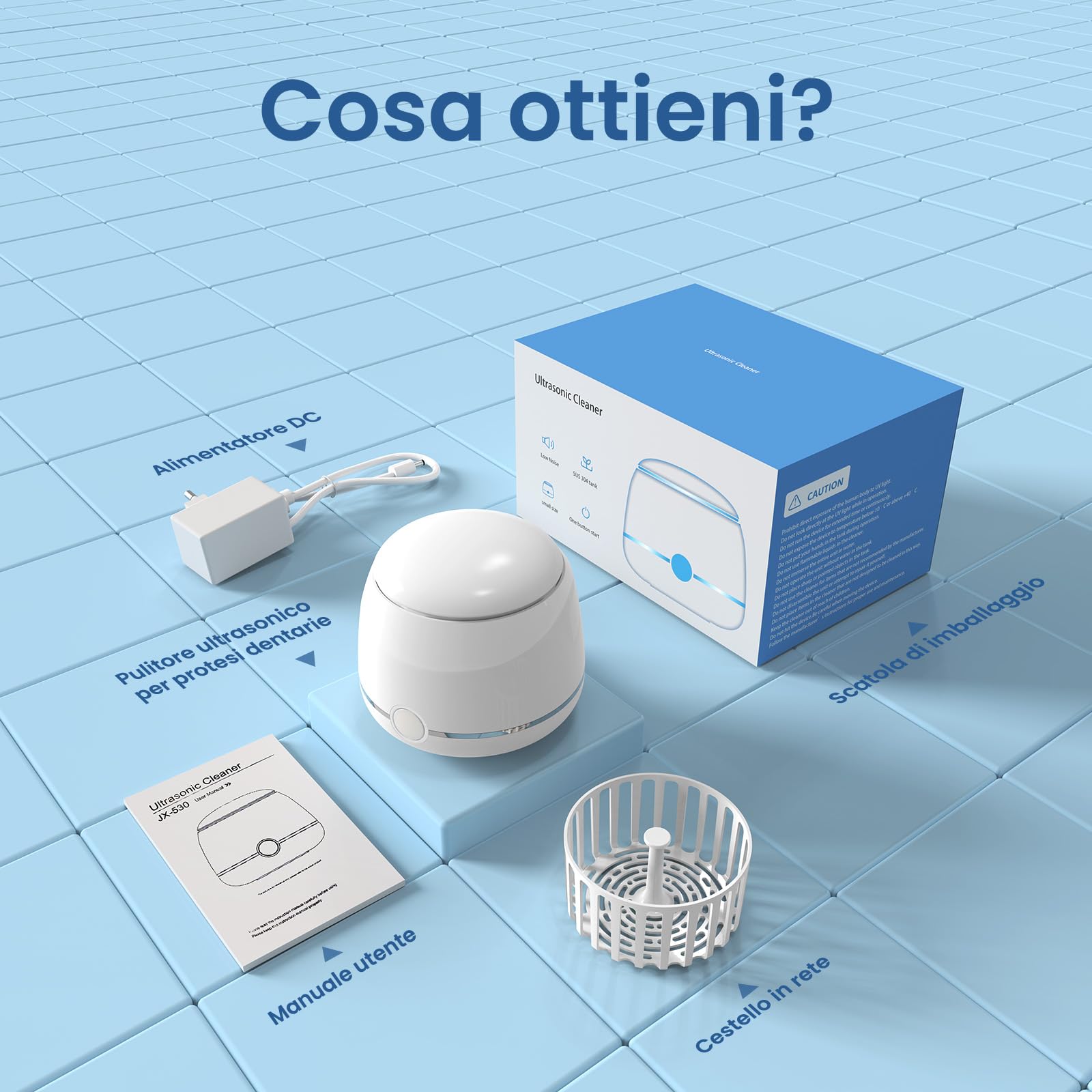 Pulitore Ultrasuoni, U-VKK pulitore ultrasuoni apparecchio denti da 45000 Hz, 2 modalità, Adatto per la pulizia di apparecchi ortodontici, testine di spazzolini da denti, gioielli, ecc