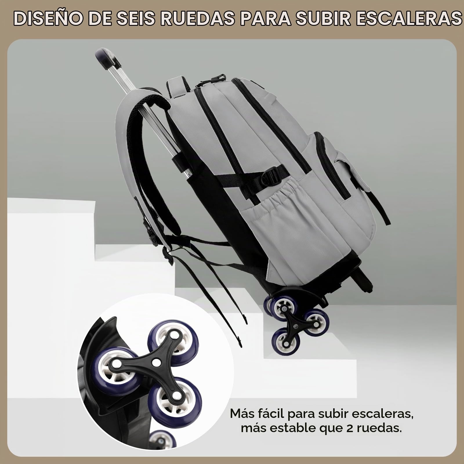 Amythe Mochilas con Ruedas para Niños, Mochila Escolar Adolescentes, Bolso Colegio de Moda para la Universidad, 31L Mochila Casual con Carrito, Ligera y Resistente al Agua, Gris