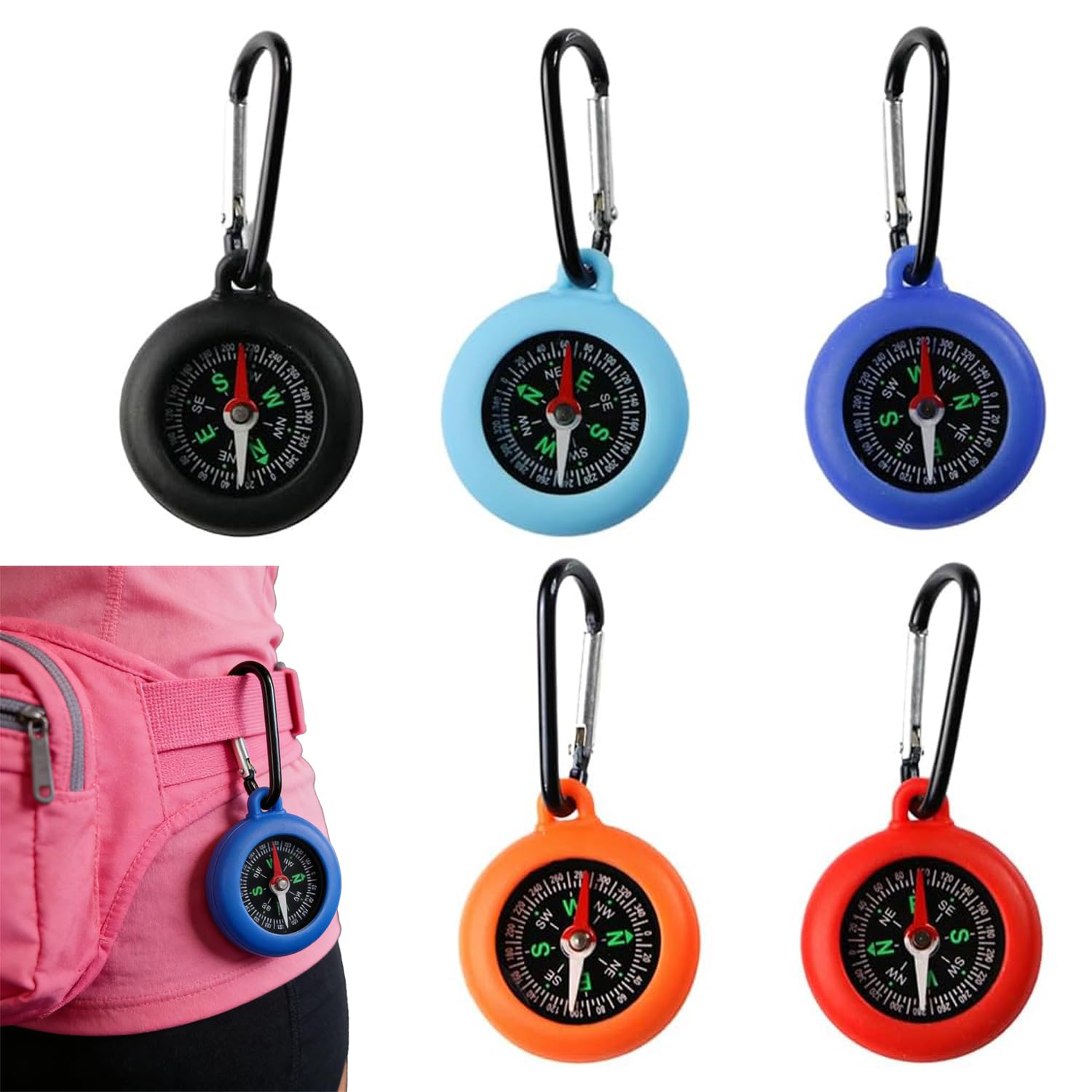 LEOUEANR Pack of 5 Outdoor Kinder Compass with Keyring Silicone Clip Portable Compass with Keychain Bushcraft with Carabiner Hook for Outdoor Hiking Camping Mountaineering