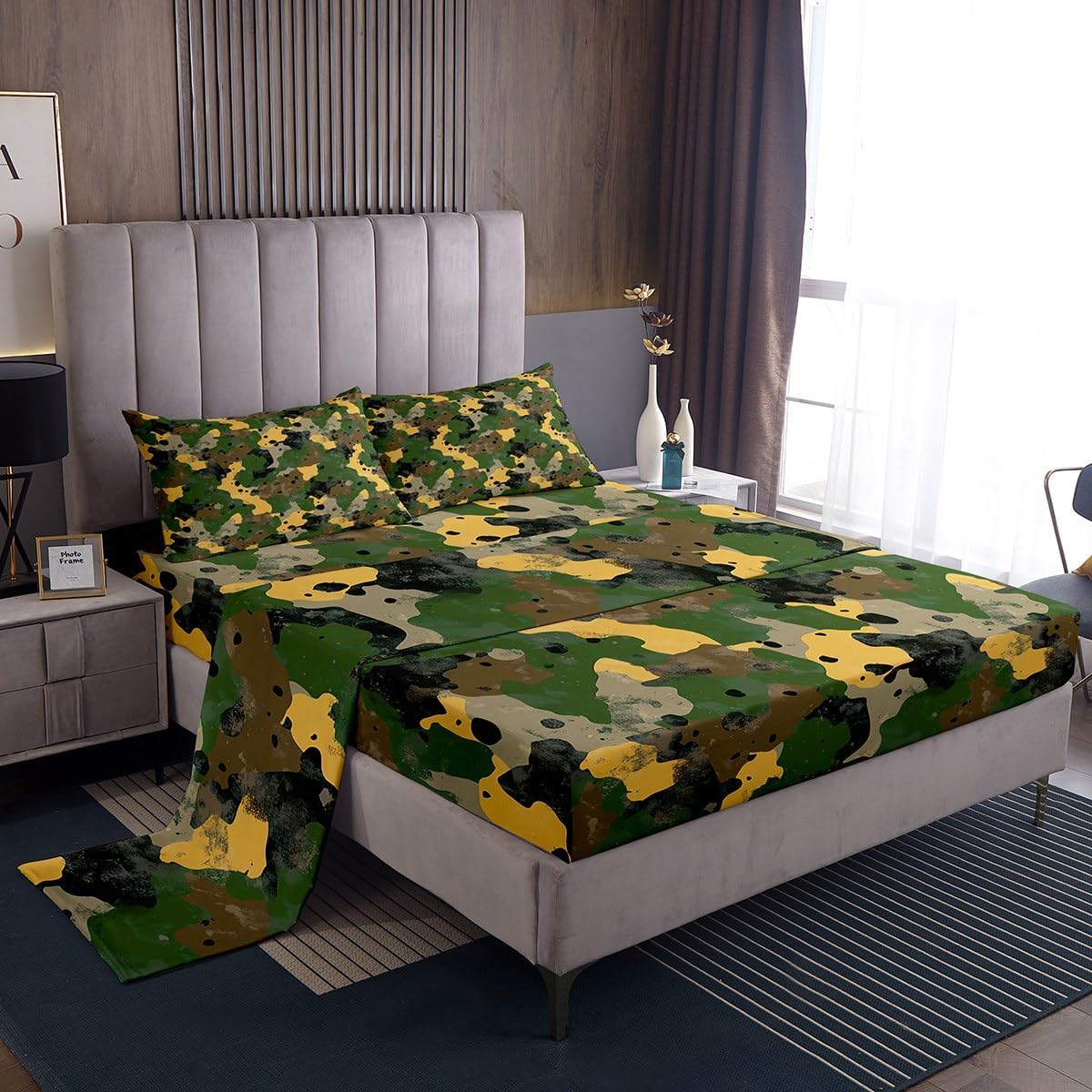 jejeloiu Camouflage Sheets with Deep Pocket Fitted for Girls Boys Kids Twin Size Camo Bed Cover Room Military Print Decor Sheet Set Green Yellwo Brown 3Pcs Soft Lightweight Microfiber