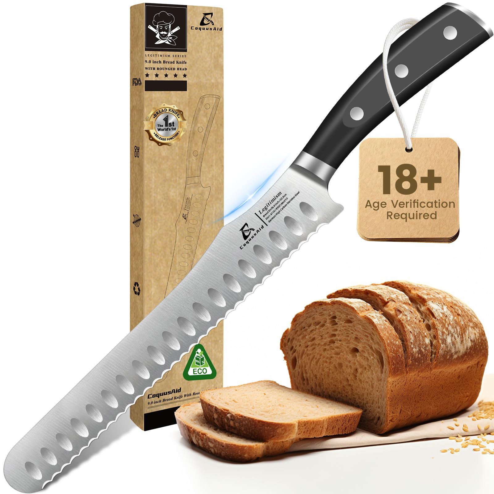 CoquusAid Bread Knife for Homemade Bread, 9 Inch Multifunction Serrated Knife, Razor Sharp Slicer, High Carbon German Steel Bread Cutter, Ergonomic Handle Design for Sourdough Turkey Fruit Cutting