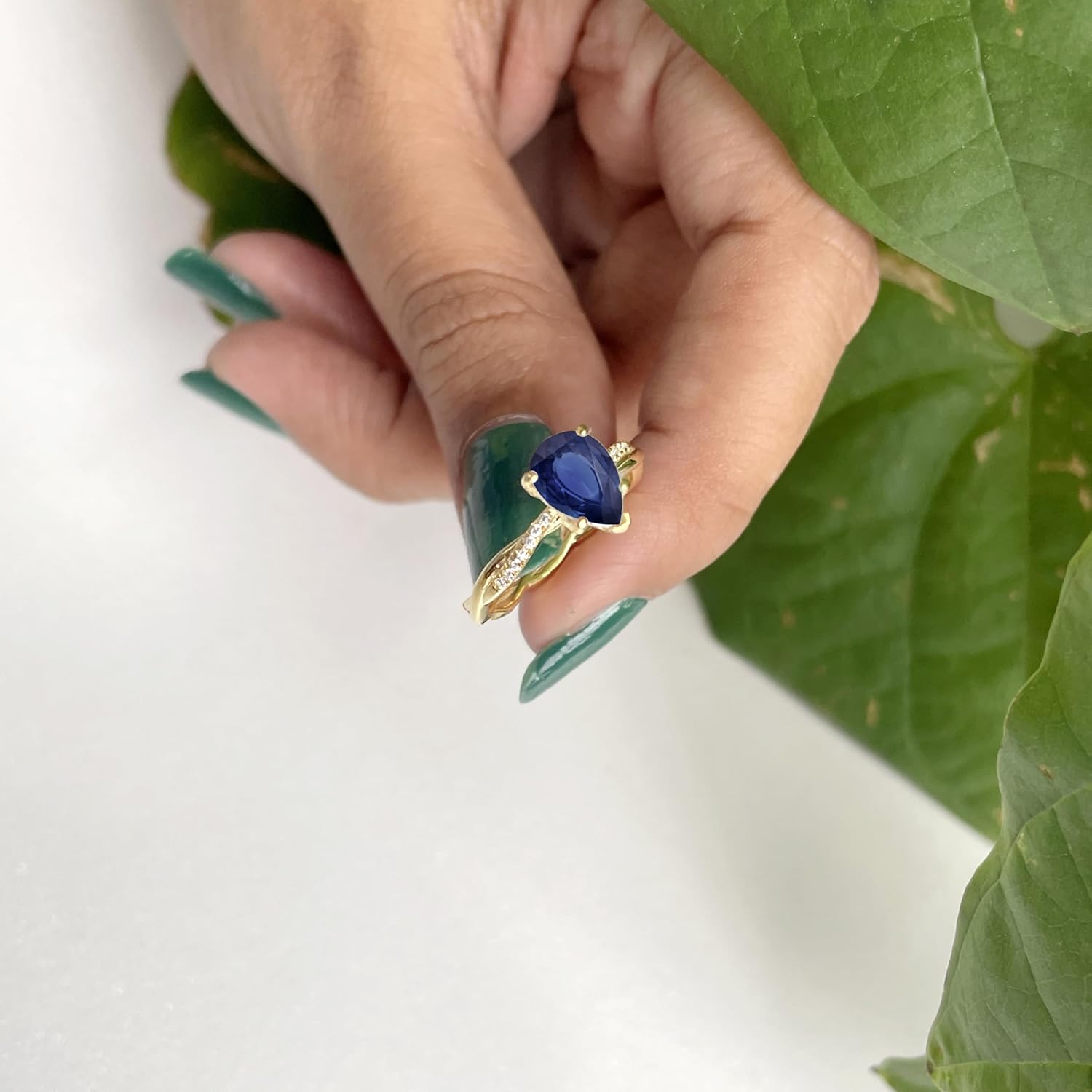 1 Carat Pear Cut Blue Sapphire & Diamond Twisted Solitaire With Accent Engagement Ring For Women, 14K Gold Plated 925 Silver September Birthstone Swirl Bypass Bridal Side Stone Ring