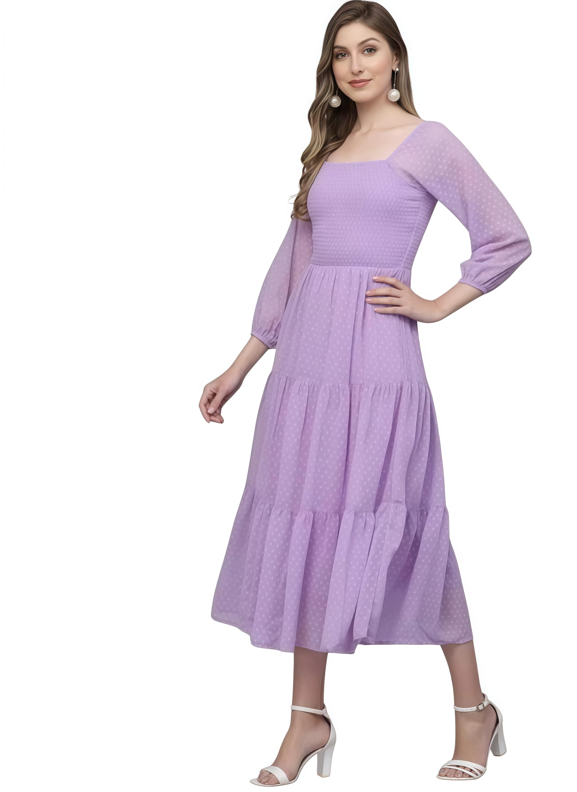 Women's Lavender Maxi Dress, Smocked Bodice with Square Neckline, Sheer Puff Sleeves, Tiered Flowy A-Line-picture-15