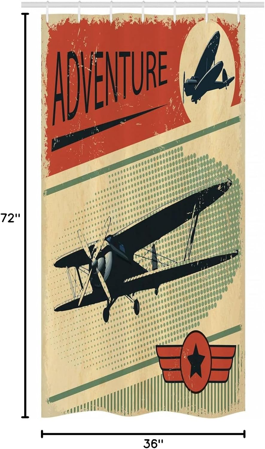 Ambesonne Vintage Stall Shower Curtain, Nostalgic Small on Dotted Grunge Backdrop Epic Adventure Airpark Plane Graphic, Fabric Bathroom Decor Set with Hooks, 36" W x 72" L, Eggshell Teal Dark Coral