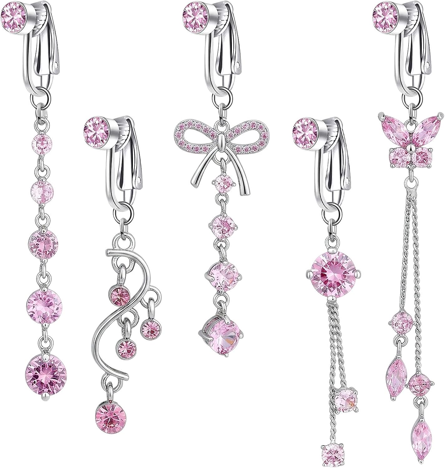 5Pcs Long Fake Belly Button Ring Clip-On - Navel Clip with Zirconia for Women, Ear Clips or Clip on Belly Button Rings Non Piercing for Beach Vacation Party Body Accessories