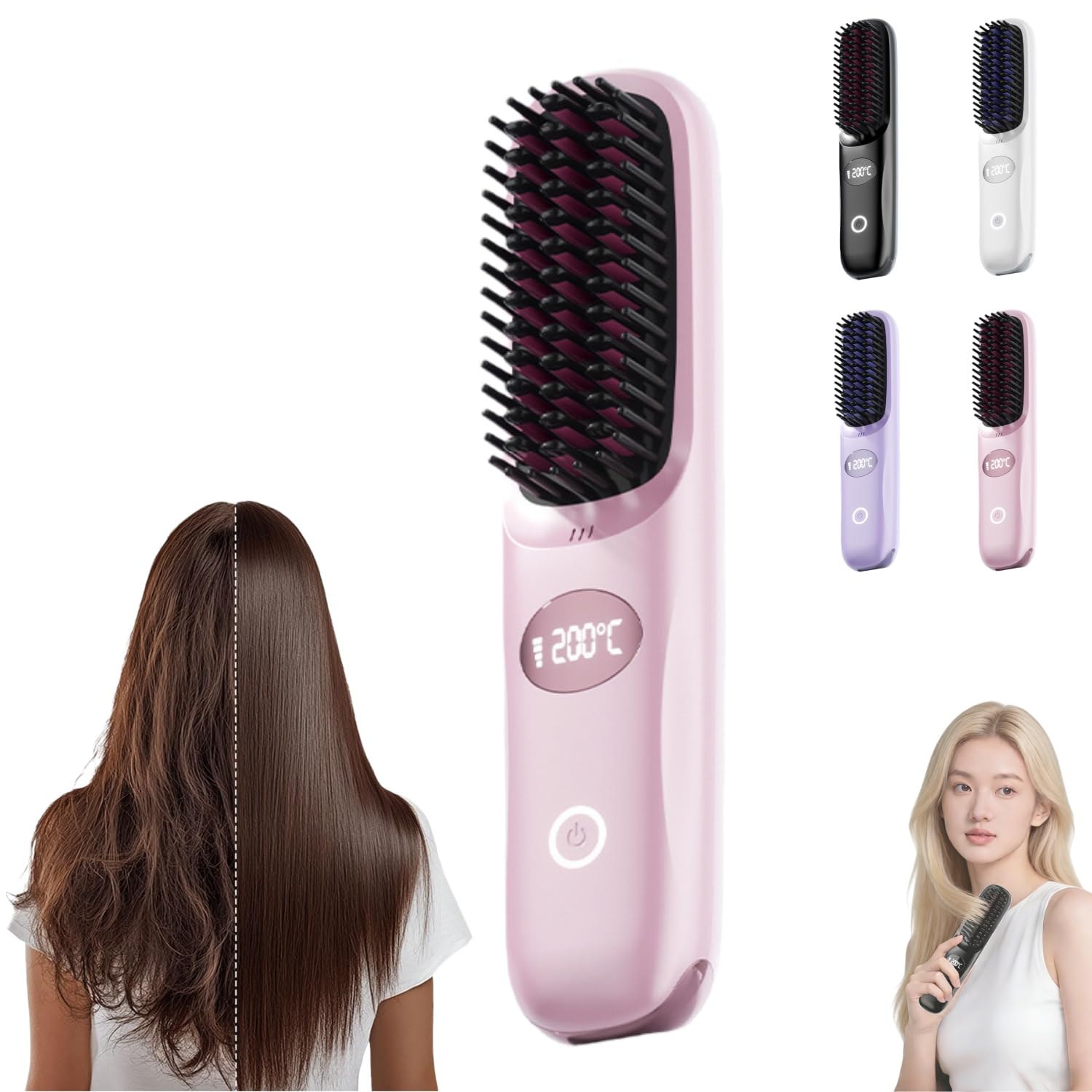 2026 Upgraded Cordless Hair Straightener Brush – Portable Mini Hair Straightening Comb with LED Display, Fast Heating, 3 Adjustable Temperature Settings for Travel (Pink)