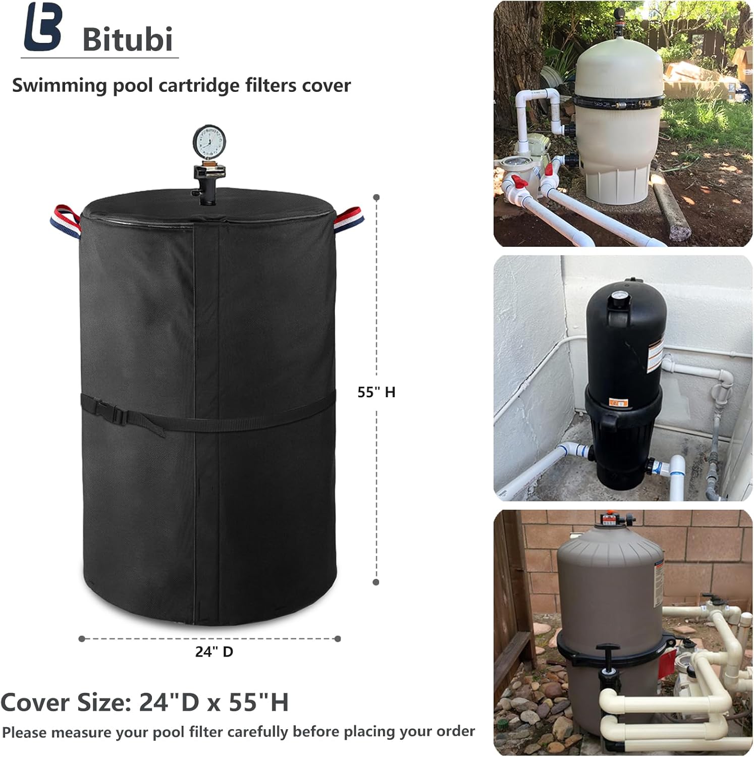 Bitubi Pool Filter Cover with Double-Layer Plush Lining (Universal Style), for Cartridge Filters Inground and Above Ground Swimming Pool Filters, Protects from Severe Snow and Intense Sun, Black