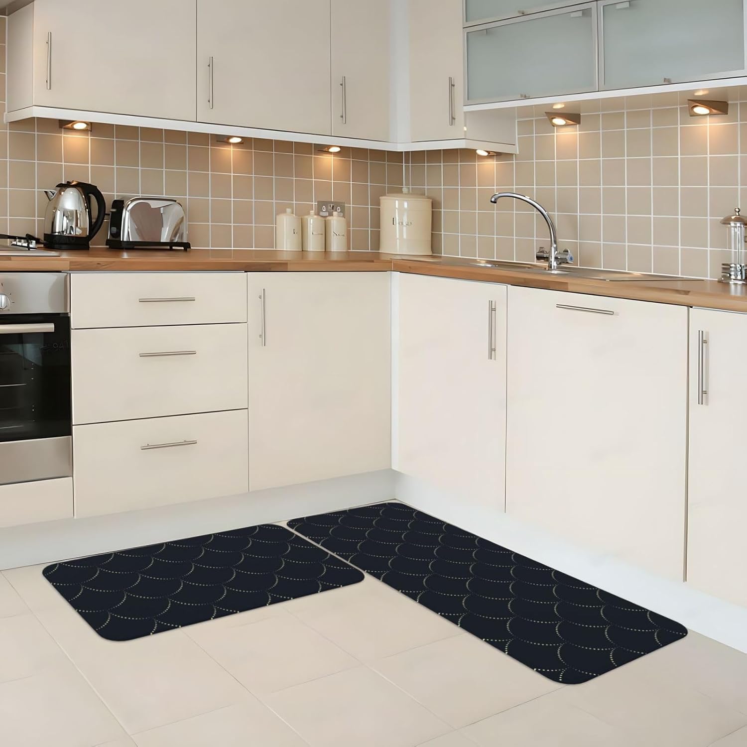 Black Fish Scales Print Kitchen Rugs Sets of 2 Non Slip Washable, Anti Fatigue Kitchen Mats for Floor, Home Decor