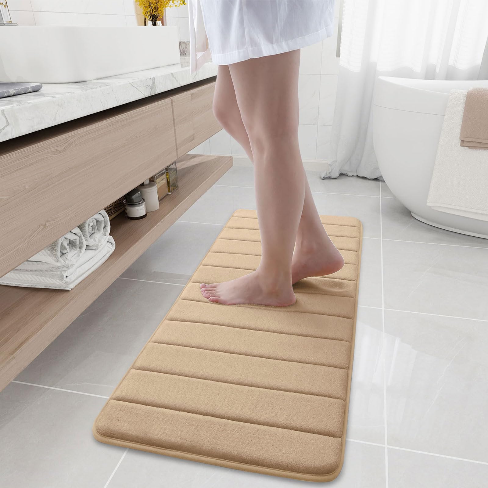 Buganda Memory Foam Bath Mat Rug, 47" x 17", Ultra Soft and Non-Slip Bathroom Rugs, Water Absorbent and Machine Washable Bath Rug Runner for Bathroom, Shower, and Tub, Camel