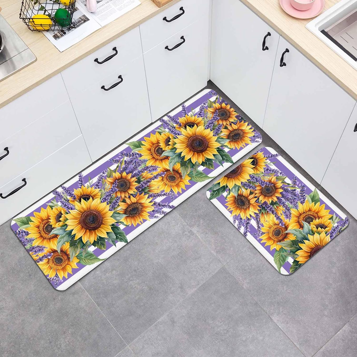 Prime Leader Sunflower Kitchen Mat Set 2 Pieces Summer Country Floral Lavender Leaf Purple Striped Non Slip Kitchen Rugs Washable Runner Rug Mats for Sink Laundry (19.7" x 31.5"+19.7" x 47.2")