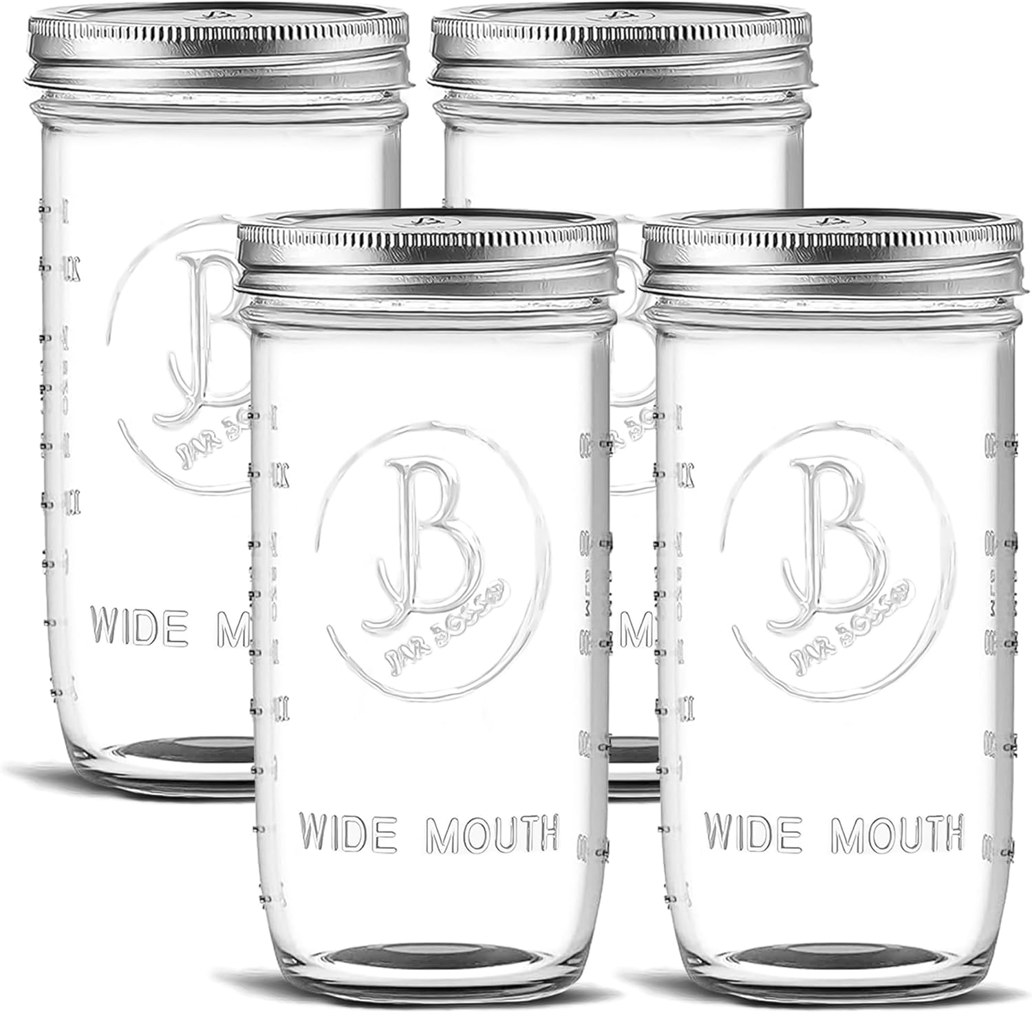 Wide Mouth Mason Jars 24 oz - (4 Pack) - Clear Glass Pint and a Half Mason Jars With Airtight Lids and Bands. For Storage, Canning, Fermenting, Cold Brew Coffee, Freezing, Microwave & Dishwasher Safe