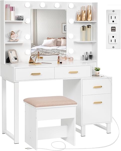 ANWBROAD Makeup Vanity Desk Vanity Set with 10 LED Bulbs Lighted Mirror Makeup Vanity Table Set with Charging Station Ni