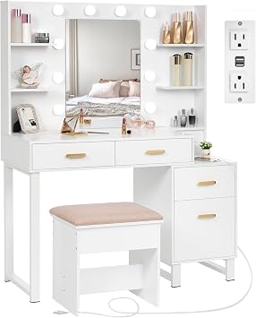 ANWBROAD Makeup Vanity Desk مجموعة الغرور مع 10 لمبات LED مطاط مضاء مجموعة مكياج الغرور مع محطة الشحن Nightstand 3 ألوان أوضاع Dimming Cushided Stool مرآة كبيرة بيضاء UBDT53W