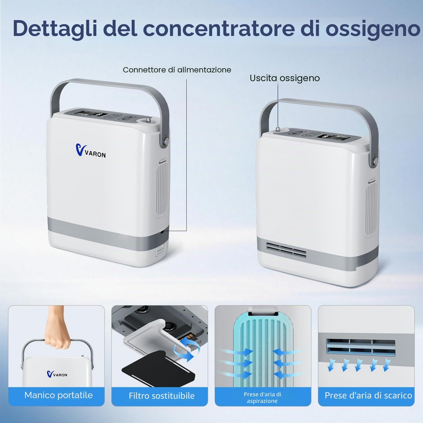 Concentratore di ossigeno mobile 1~8 L/min regolabile, 93% ±3% di ossigeno con batteria, Concentratore di ossigeno portatile, apporto di ossigeno a impulso