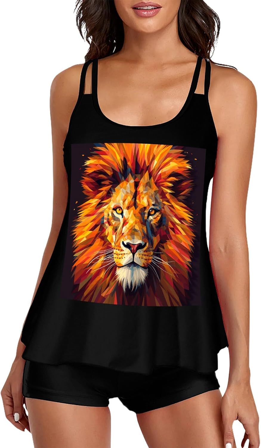 Yellow Lion Head Tankini Swimsuits for Women Tummy Control Two Piece Bathing Suits Swim Tops with Boy Shorts