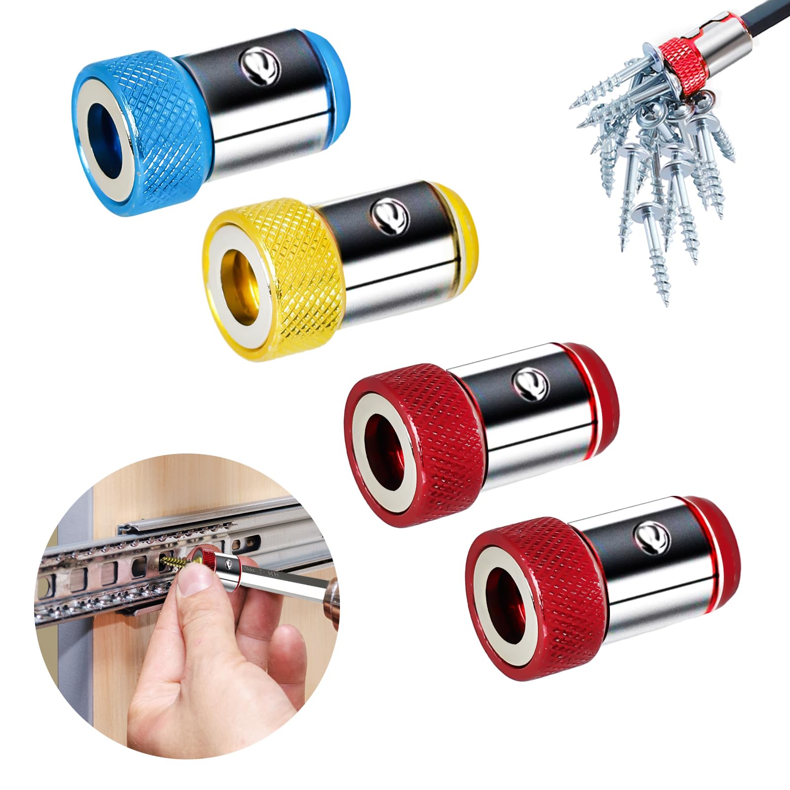 Screwdriver Head Magnetic Ring 4Pcs Aluminum Alloy Magnetic Bit Holder Attachment Magnetizer Screw Detachable for 1/4 Inch Hex 6.35mm Shank Screwdriver Bits