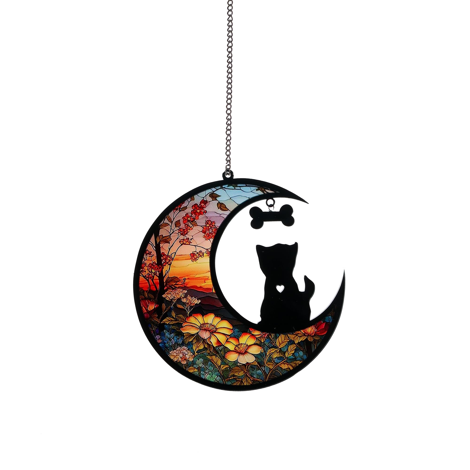 HomelavieDog Memorial Window Hanging, Dog Suncatcher Hanging Decor, Black Dog On Flower Moon Pet Loss Sympathy Gift, Indoor Window Sun Catcher Panels for Loss of Dog Lovers Memorial Gift