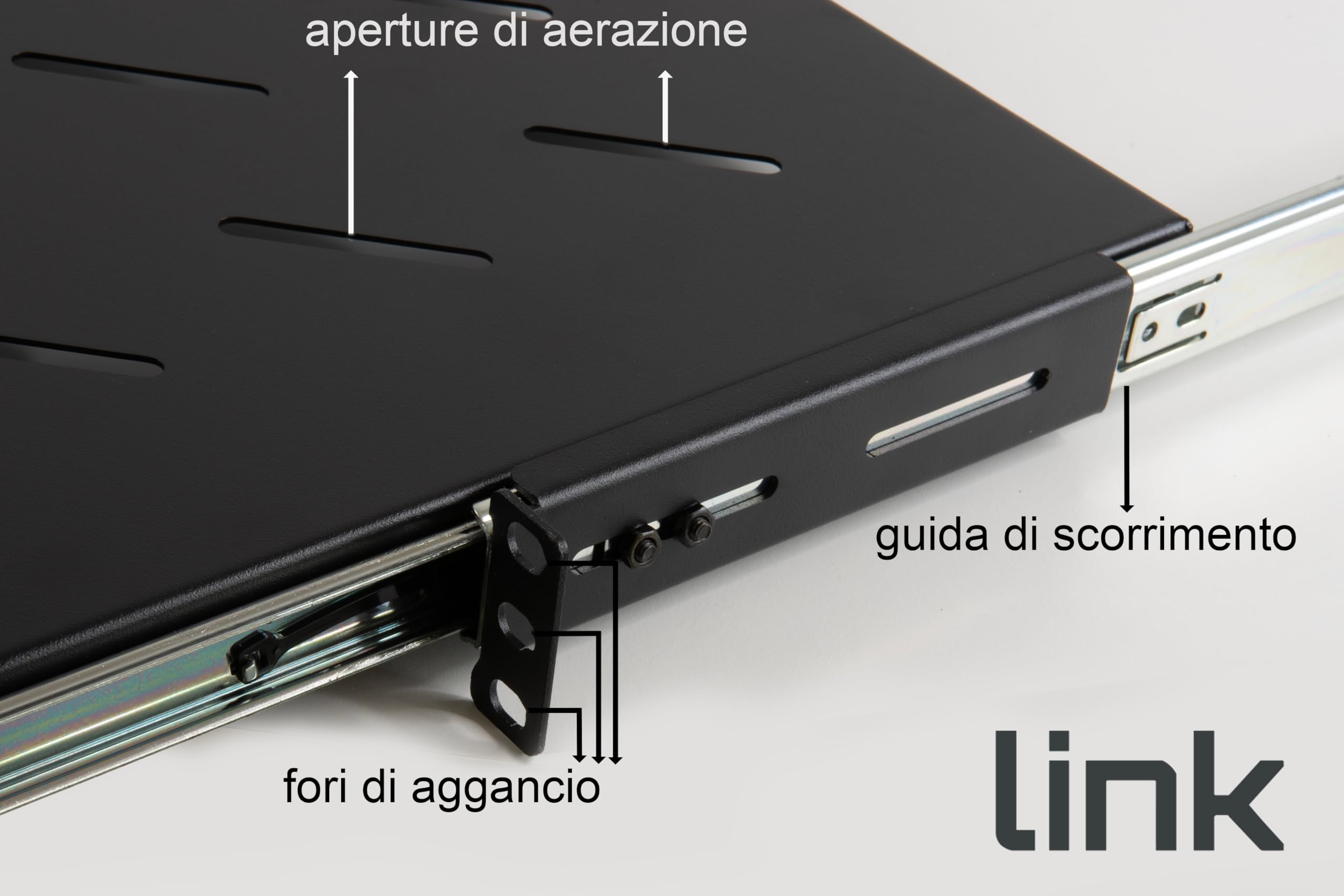 LINK LKRIP550EN - Mensola estraibile per armadio rack universale (1U, 550 mm, nero grigio RAL9005) – Acciaio traforato per ventilazione – Distanza montanti regolabile e viti incluse