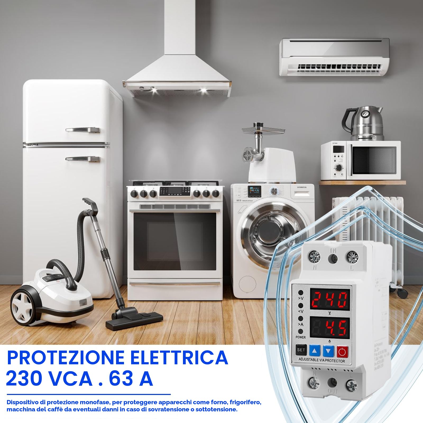 Stabilizzatore di Tensione, Protettore di Sovratensione e Sottotensione Stabilizzatore di Tensione Relè AC230V Automatico di Protezione Sovratensione 2P63A Protezione Sovracorrente