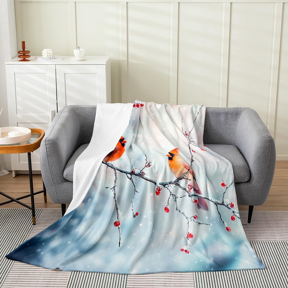 Feelyou 3D Cardinal Bird Flannel Fleece Throw Blanket Twin 60"x80" Farmhouse Red Birds All Season Bed Blanket for Sofa Couch Snowflake Tree Branches Cute Animal Fuzzy Blanket Red Plush Blanket