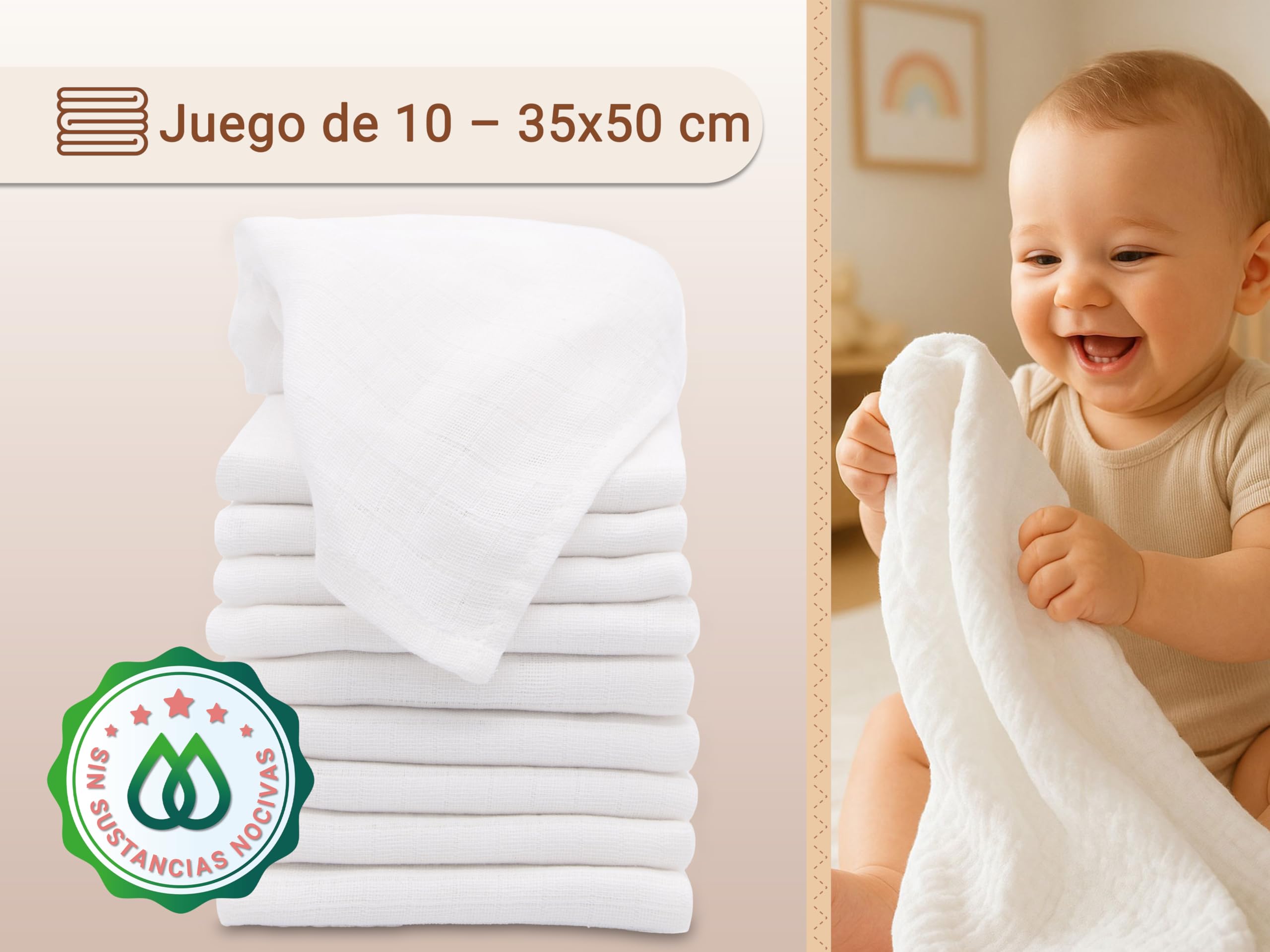 ZOLLNER Juego de 10 paños de baño para bebés, de 35 x 50 cm, de algodón, Suaves para la Piel, Especialmente Suaves y agradables al Tacto, Lavables hasta 95 °C, en Color Blanco