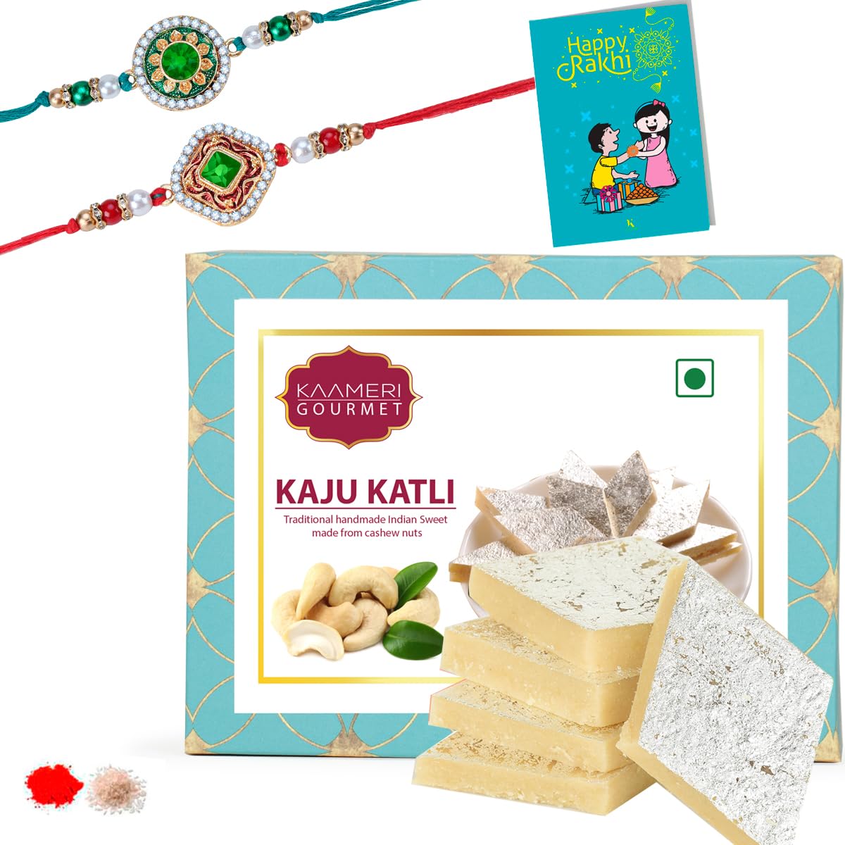 Kaameri Bazaar Rakhi for Brother combo with Sweets - Set of 2 Rakhi with Kaju Katli Gift Pack Greeting Card and Roli Chawal - Rakhi Gift for Brother - Semi precious stone rakhi (B0CDV5J44G) Amazon Price History, Amazon Price Tracker