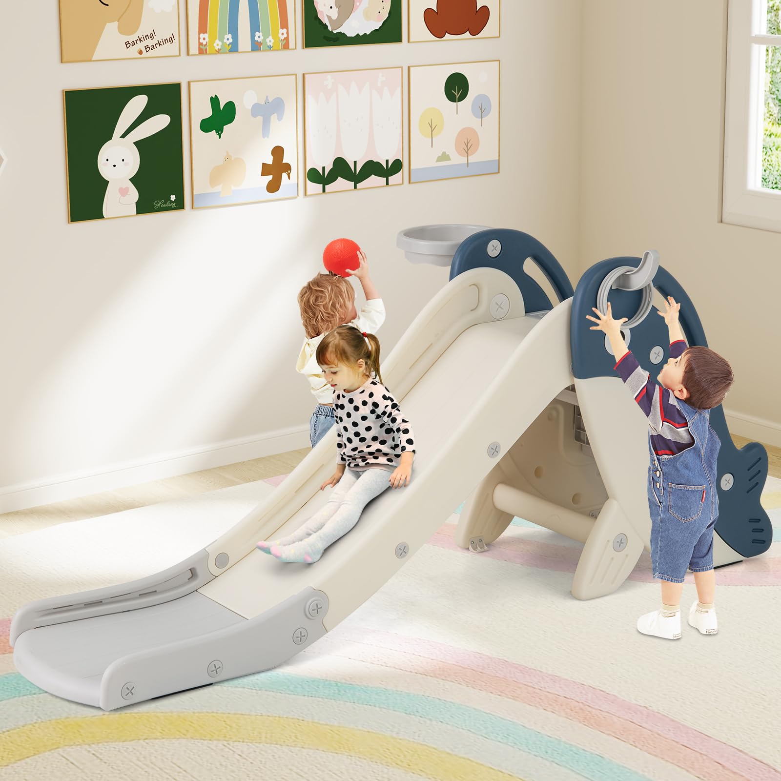 COSTWAY 4 in 1 Scivolo per Bambini, Set da Giocattolo Arrampicata con Canestro da Basket Lancio Palla ed Anelli, Scivolo Pieghevole da Interno ed Esterno per Bambini 3 Anni +