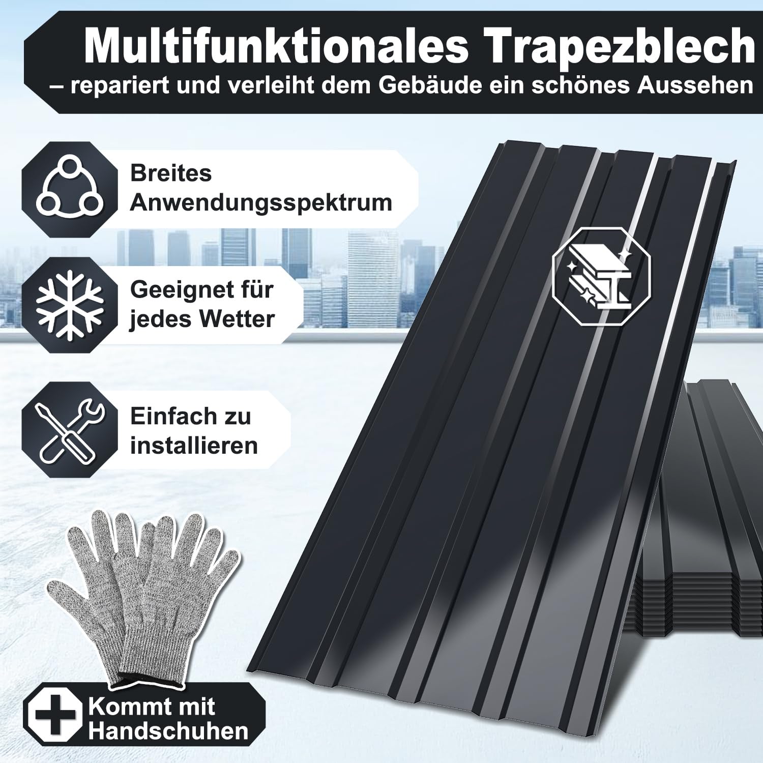 48x Trapezblech Profilblech 115 x 45 cm, 24,84 m², Dachblech Glattfläche Wellblechplatten für Dach 0,25 mm, Wetterfest, Geeignet für Garage, Schuppen, Handschuhe, Anthrazit