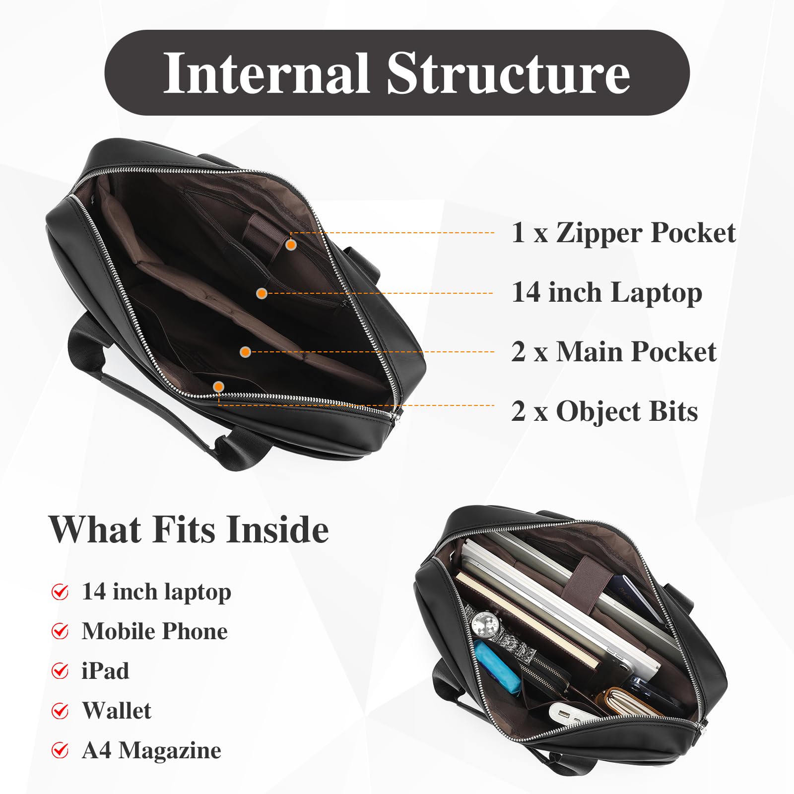 VINBAGGE Sac pour ordinateur portable de 14 pouces, sac à dos en cuir pour homme, sacs d'affaires, mallette de travail, bandoulière en cuir véritable