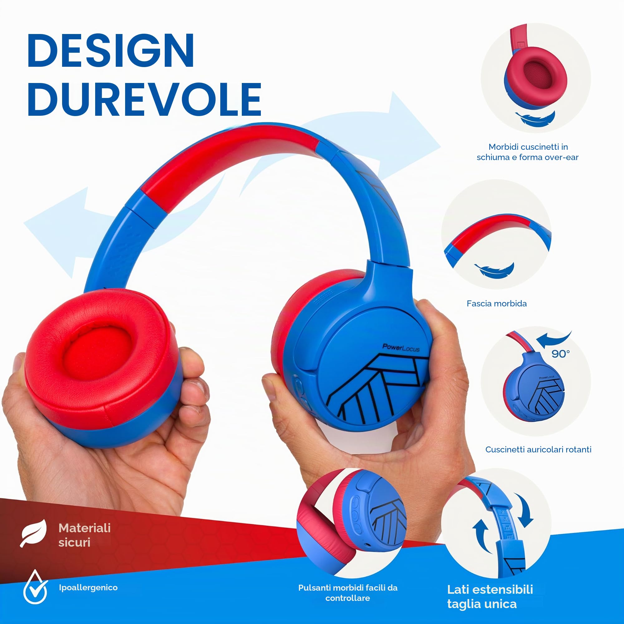 PowerLocus Cuffie Bluetooth per bambini, con cancellazione attiva del rumore, 74/85/94 dB, volume sicuro, pieghevole con tasca in tessuto, tempo di riproduzione 60 H con microfono e Aux per cellulare