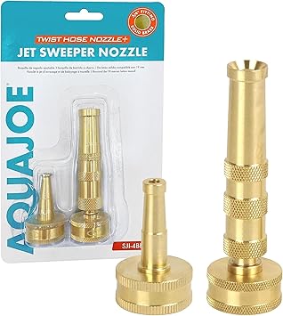 Aqua Joe Solid Brass Hose Nozzle Set - High Pressure Jet Sweeper + Twist Spray Nozzle, 2-in-1 Garden Hose Attachments, Compat