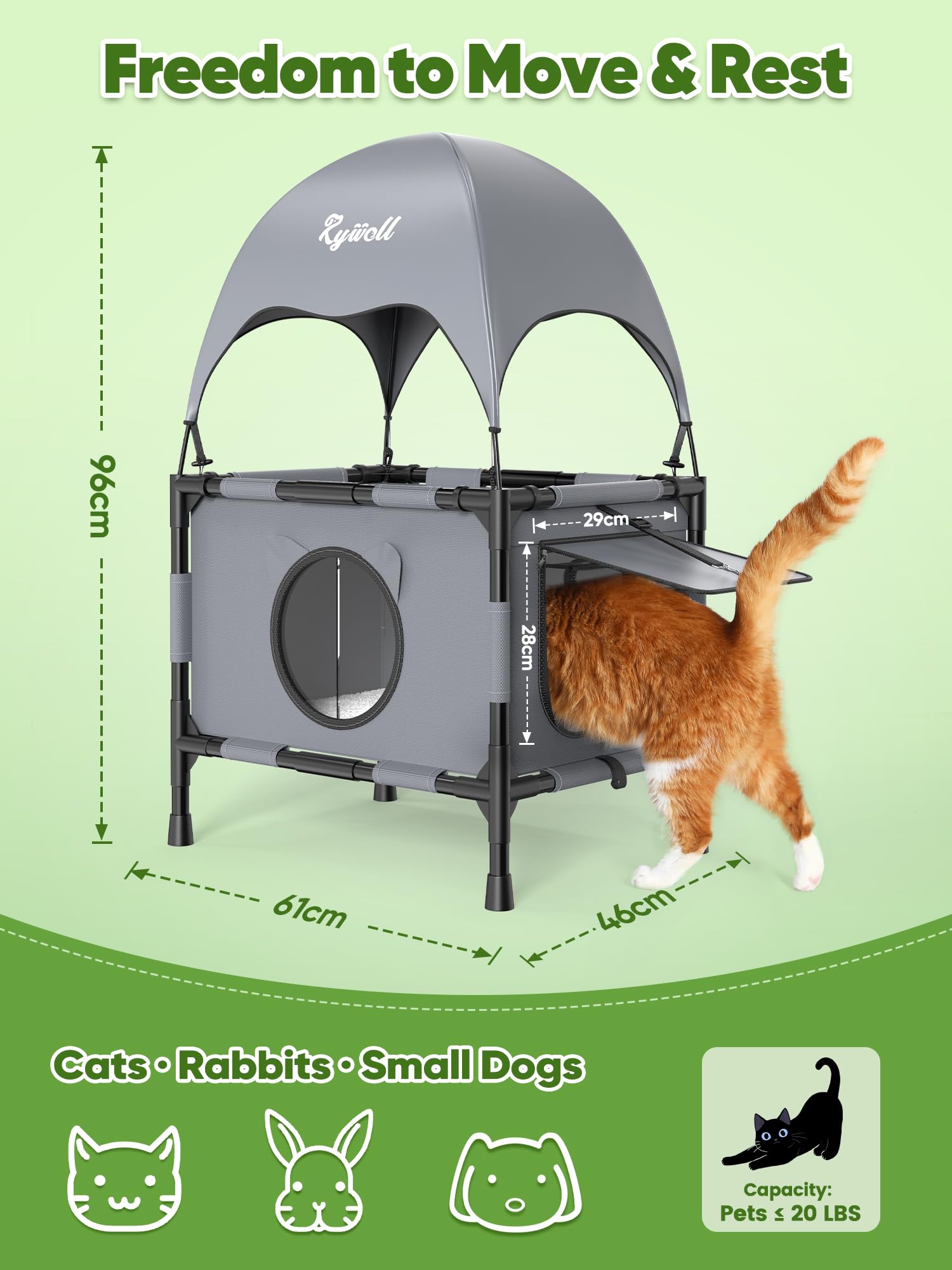 Rywell Casa para Gato de Exterior Elevada con Terraza,61x46x96cm Casa para Gato de Dos Niveles con Dosel, Dos Puertas y Una Alfombra, Adecuada para Hogares con Varios Gatos (Gris)