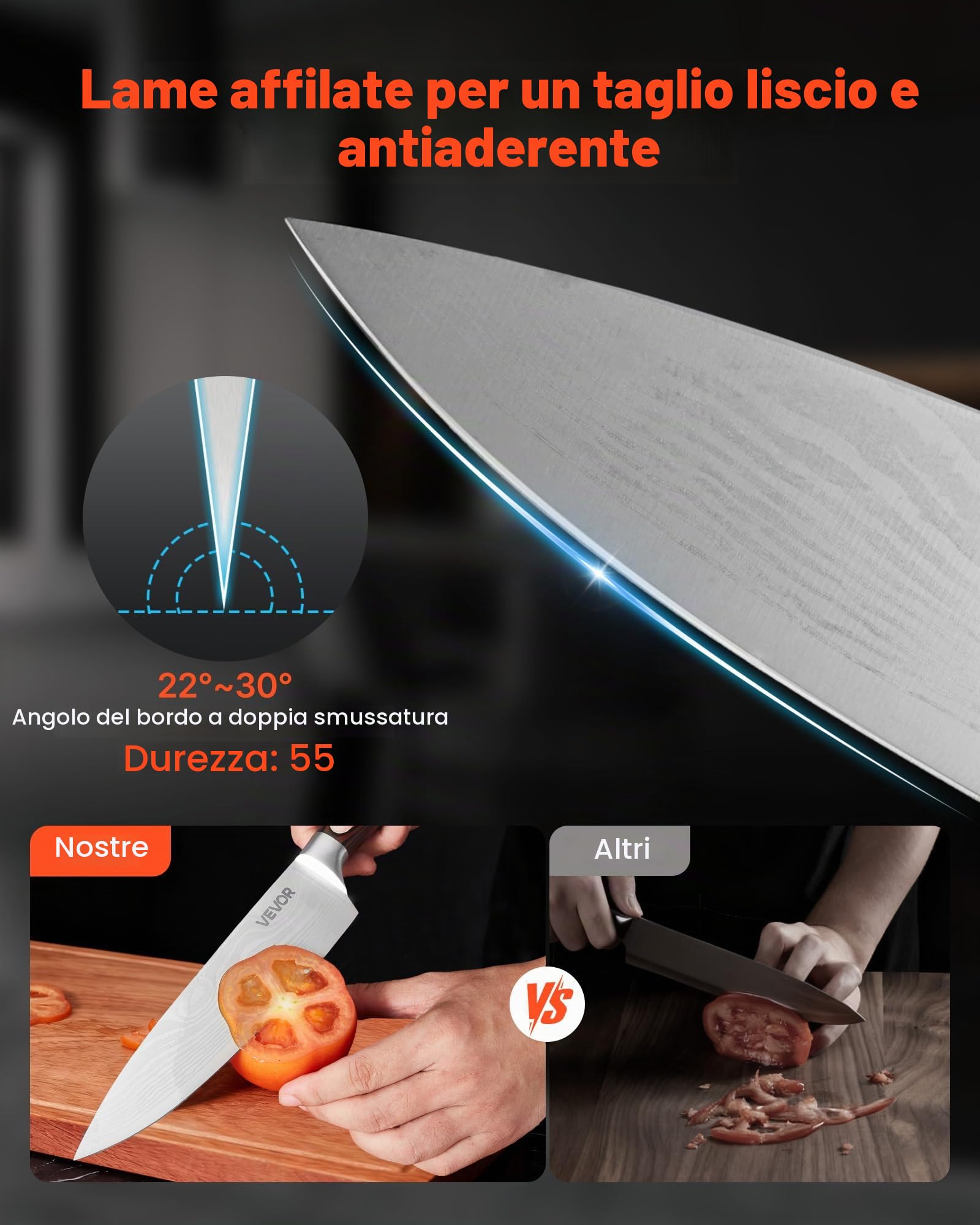 VEVOR Set Coltelli da Cucina con Ceppo e Acciaino Universale da 15 Pezzi, Coltelli Affilati in Acciaio Inossidabile ad Alto Tenore di Carbonio, Coltello da Cucina con Impugnatura Ergonomica