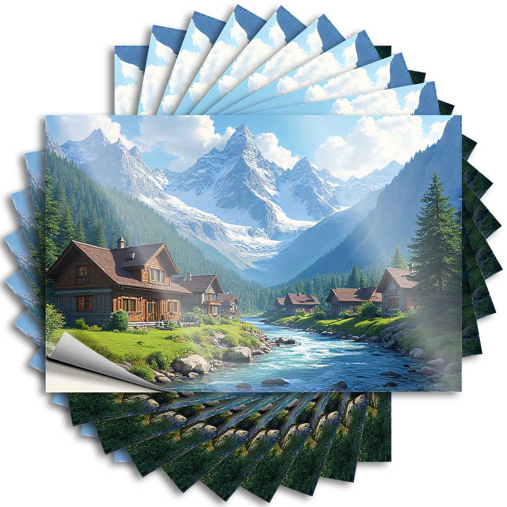 Sticker Space Durable Vinyl - Mountain Village with River and Snow-Capped Peaks Hard for Science Use(8X12CM)