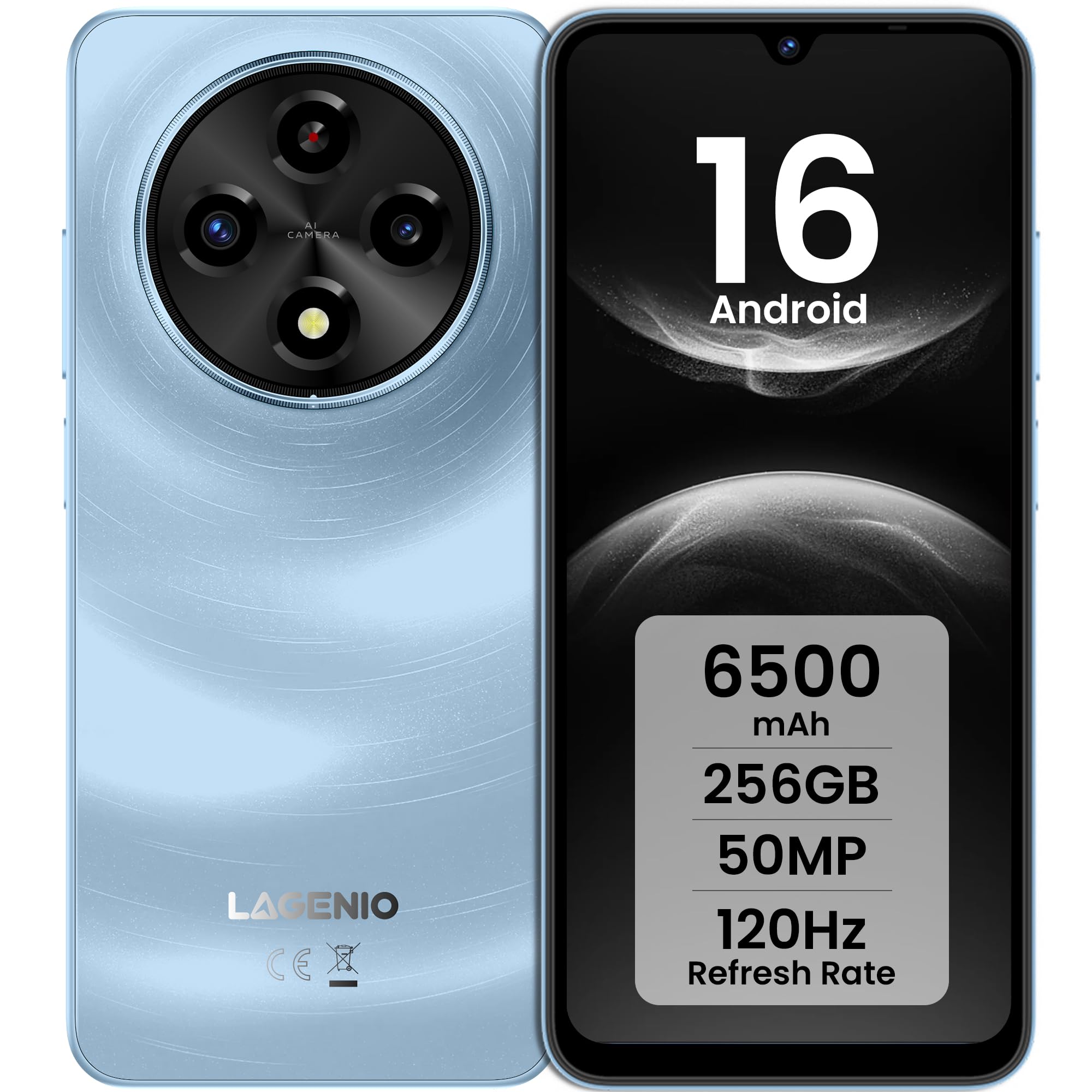 LAGENIO Telefono Cellulare A12 Pro，Smartphone Android 16, 24GB+256GB /TF 1TB, 6.9" HD+Schermo/120Hz Telefono Android, 50MP +8MP Fotocamera, 6500mAh Batterie, 4G Dual SIM/Widevine L1/Face Unlock