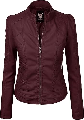 Lock and Love Chaqueta Abrigo de Moto Motociclista de Piel Sintética para Mujer con Capucha Extraíble o No Extraíble