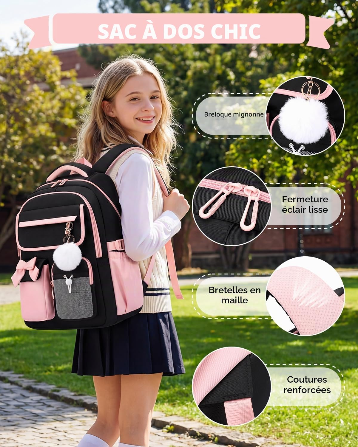 Amythe Cartable Fille Primaire et College, Sac Scolaire Filles Décontracté
