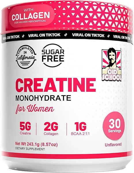 Old School Labs 5000mg Creatine Monohydrate Powder, Optimized Creatine for Women +2000mg Collagen +1g BCAA 2:1:1 Supports Lean Muscles & Recovery, Energy & Stamina - Made in USA, 30 Servings