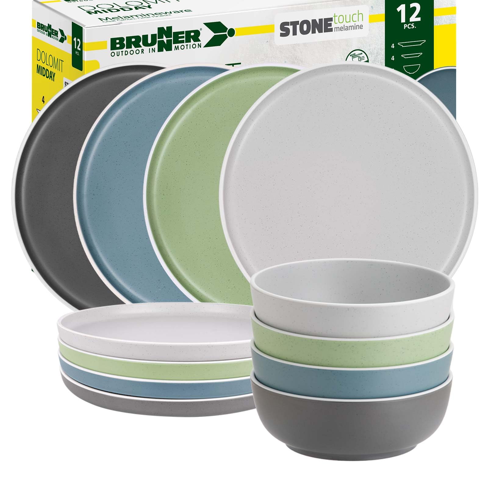 BRUNNER Melamin Geschirr-Set Camping 12-Teilig DOLOMIT Midday Stapelbar | Antislip (Antirutsch), 2-4 Personen, wie Steingut (StoneTouch), Bruchfest, Teller & Schüsseln, Wohnmobil Wohnwagen Boot