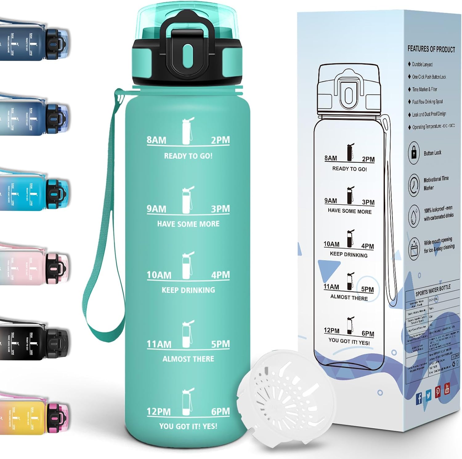 Motswedi Trinkflasche 1 Liter Wasserflasche Auslaufsicheres Trinkflasche Kohlens ure Geeignet mit Zeitstempel Flasche Sportflasche f r Sport Uni B ro & Outdoor Fahrrad - Blau&Gr n