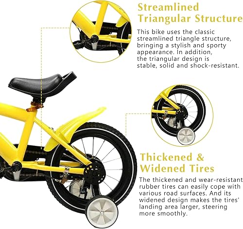 Miniatura 6 de Goudergo Bicicleta de aleación de acero al carbono amarilla de 14 pulgadas, bicicleta ajustable para niños, bicicletas con ruedas de entrenamiento