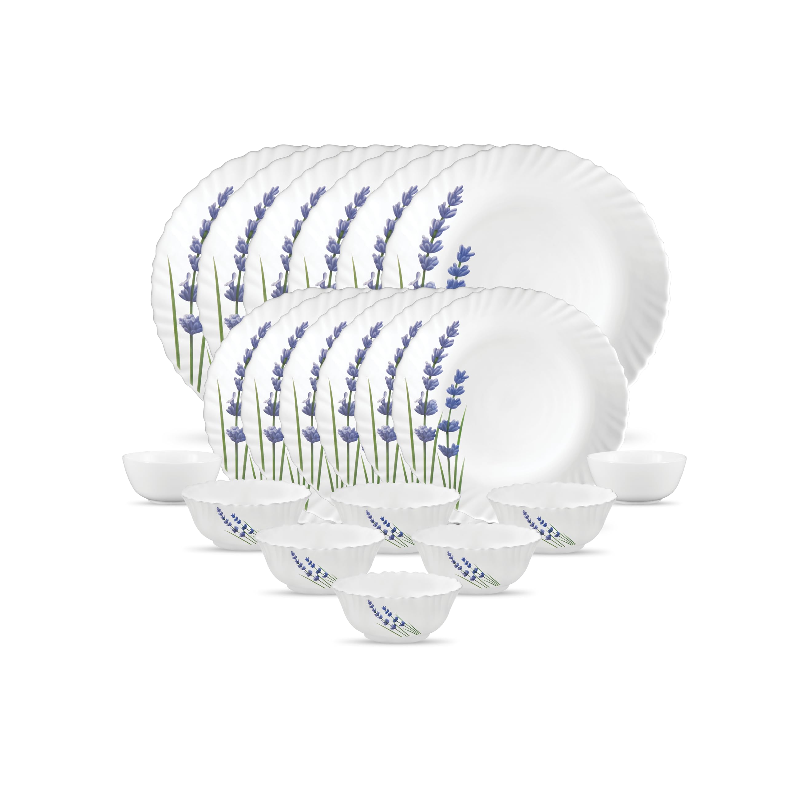 La Opala Novo Collection Opal Glass Crockery | for Family of 6 | Dinner Set 20 pcs English Lavender | Plates & Bowls for Dining | Microwave Safe | 100% Vegetarian | Extra Strong | Light & White