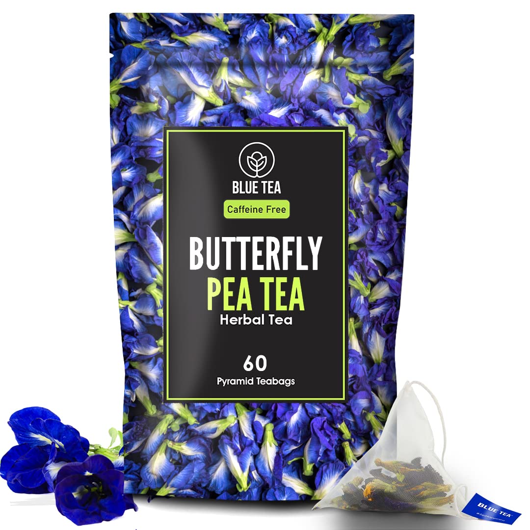 BLUE TEA - Blue Pea Flower Tea Bags - 60 Tea bags || FARM FRESH Herbal Tea || Iced Tea, Cocktails, Mocktails | Gluten Free - Caffeine free- Vegan - Premium Zipper |