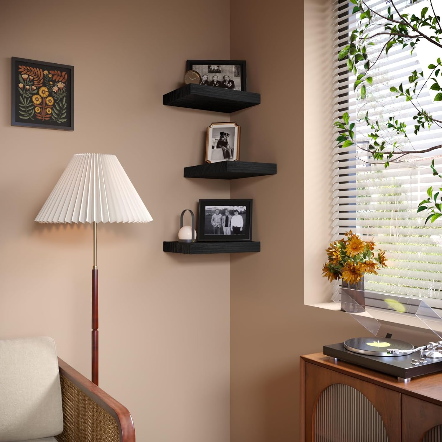 PopiShelves Small Floating Shelves for Wall - 12 x 9 Inch Black Shelves for Bedroom, Living Room, Bathroom, Kitchen, Office Decor Set of 3