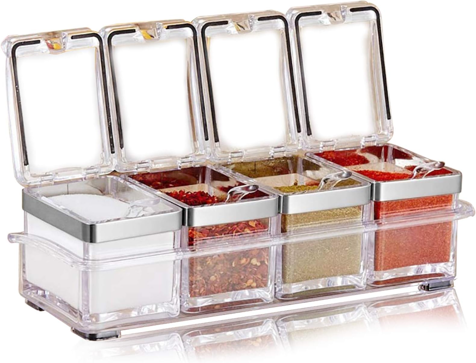 Aogist Kitchen Spice Pots 4 Pieces Clear Seasoning Box, Storage Container Condiment Jars Acrylic Seasoning Box with Cover and Spoon