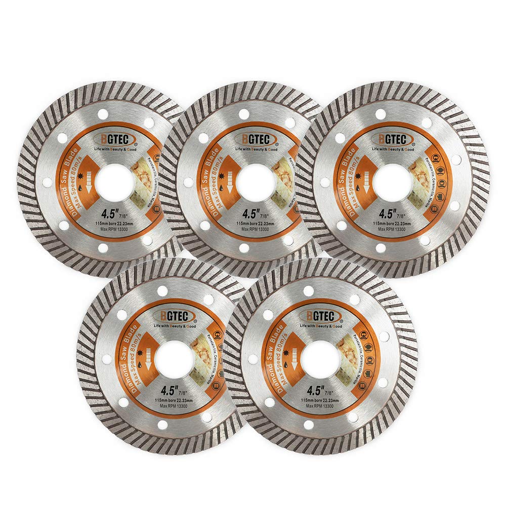 BGTEC Diamond Tile Blade,5pcs 4.5" Super Thin Turbo Rim Concrete Porcelain Saw Blade with 7/8" Arbor for Cutting Porcelain Tile Ceramic Granite Marble Hard Material Cutting Disc