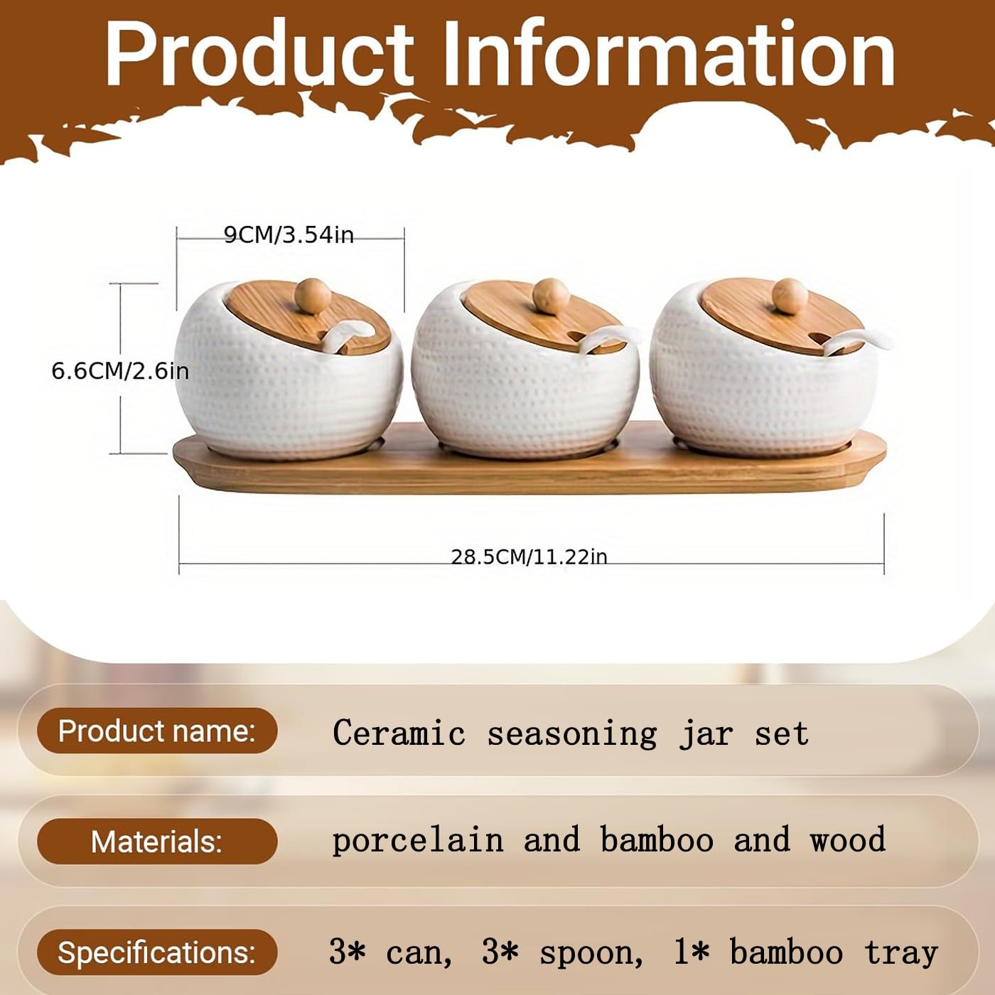 Photo 1 of ***SEE NOTES***Ceramic Seasoning Container Spice Jar, Home Kitchen Seasoning Box Food Storage Container with Bamboo Lid and Bamboo Tray, Ceramic Spoon 200 ml (7 oz), Set of 3 Bottles, Suitable for Kitchen