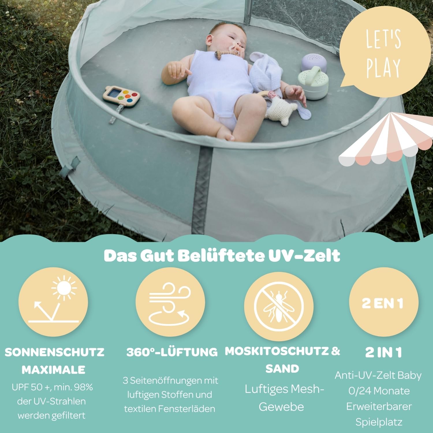 BÉABA, Strandzelt Für Kinder 2 In 1, 0-24 Monate, Maximaler Sonnenschutz UPF50+, UV-Filter, 360° Belüftung, Mückennetz, Geräumig, Pop-Up System, Tragetasche, Breezynest, Khaki